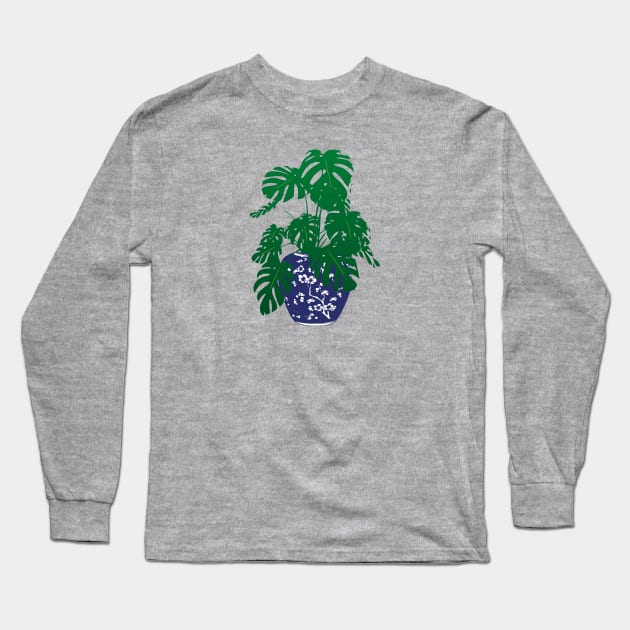 Monstera Plant in Blue and White Plant Pot | Monstera Leaves | House Plants | Pot Plants | Potted Plants | Long Sleeve T-Shirt by Eclectic At Heart